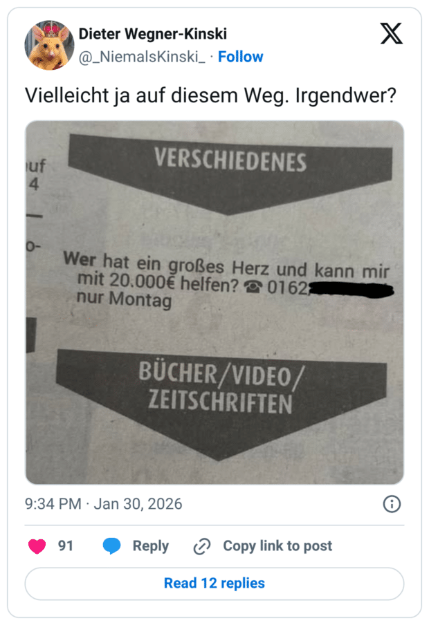 Vielleicht ja auf diesem Weg. Irgendwer?