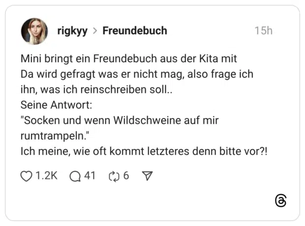 Mini bringt ein Freundebuch aus der Kita mit Da wird gefragt was er nicht mag, also frage ich ihn, was ich reinschreiben soll.. Seine Antwort: "Socken und wenn Wildschweine auf mir rumtrampeln." Ich meine, wie oft kommt letzteres denn bitte vor?!