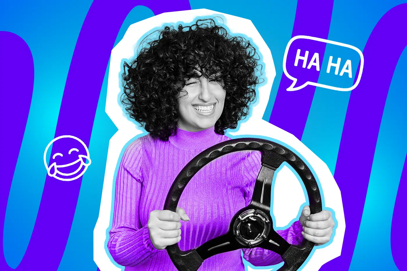 Eine triumphierend lachende Frau am Lenkrad in einem Pop-Art-Stil vor einem leuchtend blau-violetten Hintergrund. Die Grafik mit "HA HA"-Sprechblase und Lach-Emoji visualisiert die Schadenfreude eines Autofahrers, der sich an das Tempolimit gehalten hat, während der Drängler hinter ihm seinen Führerschein verloren hat. Ideal für Blogbeiträge über Verkehrserziehung und Drängler.