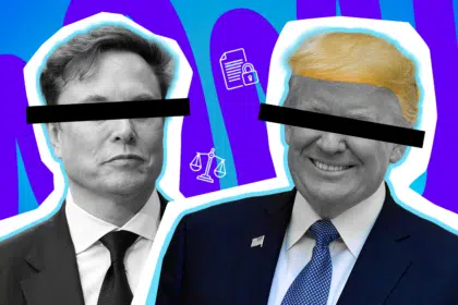 Porträts von Elon Musk und Donald Trump im Pop-Art-Stil, deren Augen mit dicken schwarzen Balken zensiert sind. Ideal für Blogbeiträge über gesellschaftspolitische Skandale, investigativen Journalismus und Machtstrukturen.