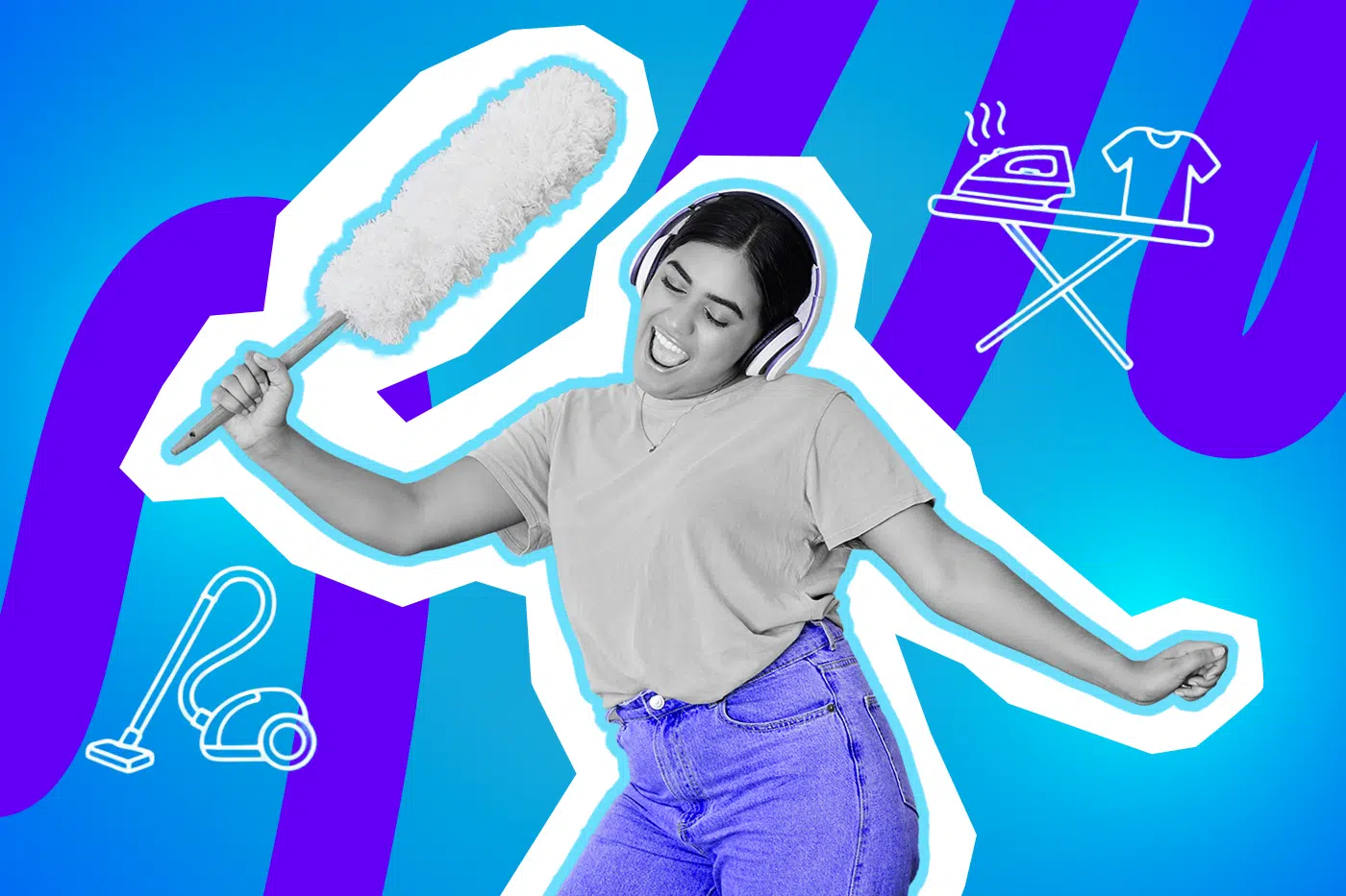 Fröhliche junge Frau tanzt mit einem Staubwedel und Kopfhörern durch die Wohnung. Die Pop-Art-Illustration symbolisiert den Versuch, mit Humor und Musik dem endlosen Kreislauf der Hausarbeit zu entfliehen.