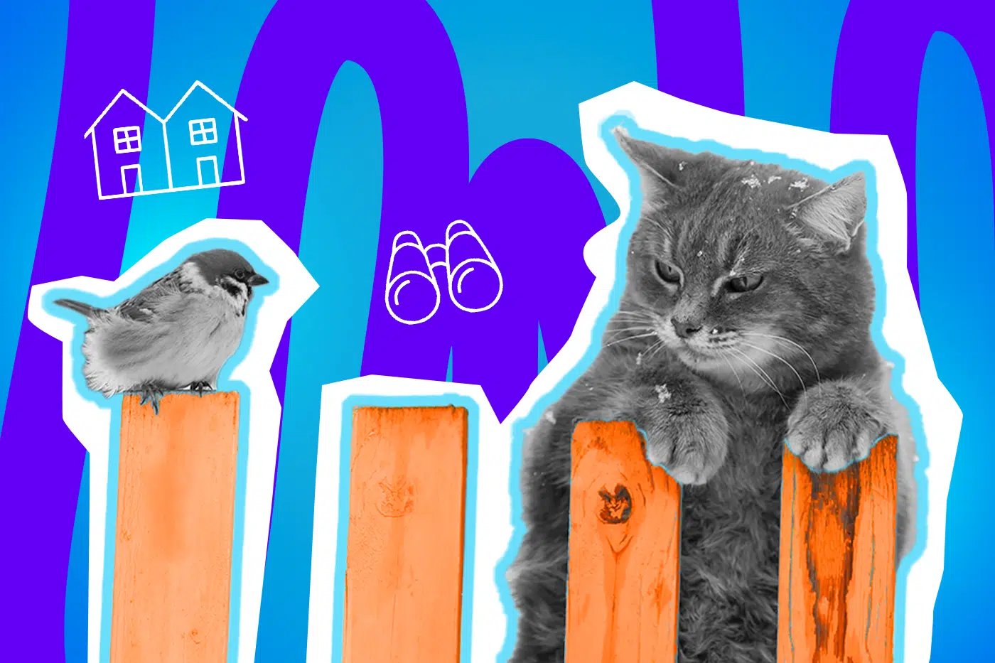 Eine Katze und ein Spatz sitzen auf einem orangefarbenen Gartenzaun und beobachten skeptisch die Umgebung.e Pop-Art-Illustration symbolisiert humorvoll die neugierige Nachbarschaft und das Wachen über die Einhaltung der Mittagsruhe.