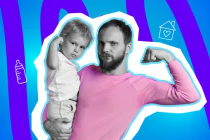 Moderne Grafik eines starken Vater-Sohn-Gespanns. Die Illustration spielt mit dem Bild des „starken Beschützers“, während der Text die menschlichen Schwächen im Erziehungsalltag (wie heimliches Naschen) feiert. Ideal für Blogs über Elternschaft, Mental Load und Familienhumor.