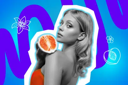 Moderne Grafik einer Frau, die eine Grapefruit als Symbol für weibliche Sexualität präsentiert. Inklusive minimalistischer Symbole für Natur und Weiblichkeit. Ideal für Blogbeiträge über sexuelle Gesundheit, Empowerment und die Enttabuisierung der weiblichen Anatomie.