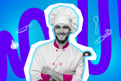 Moderne Grafik eines Profikochs, der Kompetenz und gute Laune ausstrahlt. Inklusive minimalistischer Symbole für frische Zutaten und Küchenutensilien. Ideal für Blogbeiträge über Koch-Fails, einfache Rezepte und humorvolle Geschichten aus der Gastronomie.