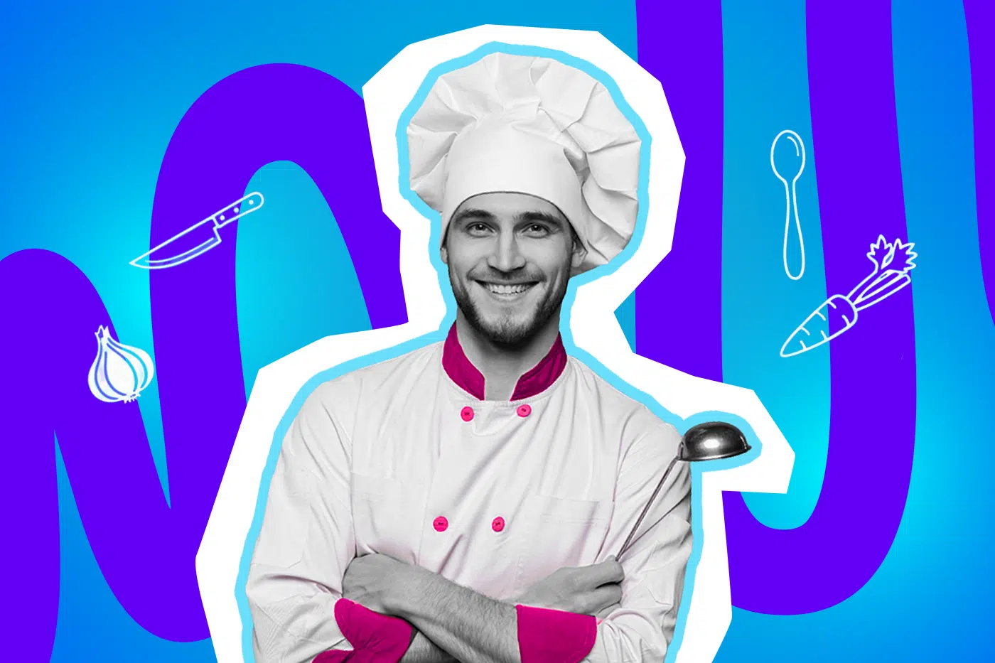 Moderne Grafik eines Profikochs, der Kompetenz und gute Laune ausstrahlt. Inklusive minimalistischer Symbole für frische Zutaten und Küchenutensilien. Ideal für Blogbeiträge über Koch-Fails, einfache Rezepte und humorvolle Geschichten aus der Gastronomie.