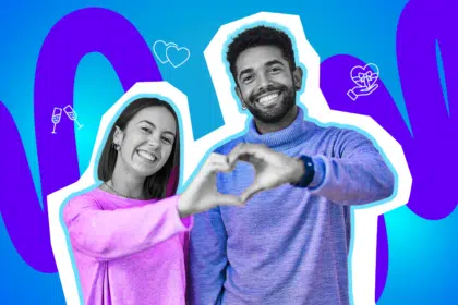 Moderne Grafik einer jungen Frau und eines Mannes, die gemeinsam Liebe zum Ausdruck bringen. Inklusive minimalistischer Symbole für Geschenke und Feierlichkeiten. Ideal für Blogbeiträge über Valentinstags-Klischees, Geschenkideen und ehrliche Beziehungsgeschichten.