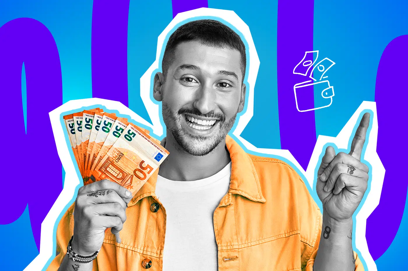 Humorvolle Collage zum Thema Reichtum und Lottogewinn: Ein überglücklich strahlender Mann in Schwarz-Weiß hält triumphierend einen dicken Fächer aus leuchtend orangen 50-Euro-Scheinen in der Hand und zeigt mit dem linken Zeigefinger motiviert nach oben. Er trägt eine knallgelbe Jacke. Ein weißes Icon eines Portemonnaies, aus dem Geldscheine fliegen, sowie das Pop-Art-Motiv vor einem blau-violetten Wellen-Hintergrund visualisieren humorvoll den großen Traum vom Lottogewinn und dem unbeschwerten Leben als Millionär*in.