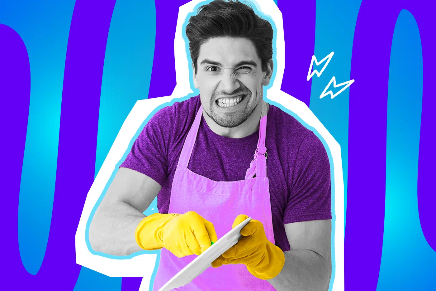 Humorvolle Collage zum Thema Abwasch-Frust: Ein extrem genervt und angestrengt blickender Mann in Schwarz-Weiß schrubbt mit zusammengebissenen Zähnen einen Teller. Er trägt ein lilafarbenes T-Shirt, eine pinke Schürze und leuchtend gelbe Putzhandschuhe. Weiße Blitz-Icons neben seinem Kopf und der markante blau-violette Wellen-Hintergrund unterstreichen visuell den absoluten Haushalts-Frust und die Sehnsucht nach einer funktionierenden Spülmaschine.