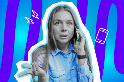 Humorvolle Collage zum Thema Telefon-Hass: Eine genervt und fassungslos blickende Frau in Schwarz-Weiß telefoniert mit einem leuchtend grünen Smartphone. Sie trägt ein blaues Hemd und gestikuliert fragend mit der freien Hand. Weiße Icons von kleinen Blitzen und einem Handy unterstreichen den Stress bei unerwarteten Anrufen. Das Pop-Art-Motiv steht vor einem markanten blau-violetten Wellen-Hintergrund.