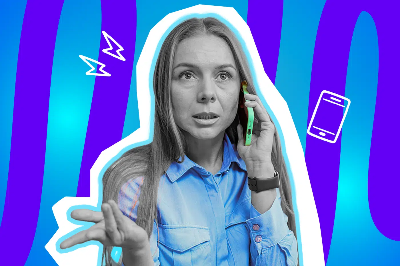 Humorvolle Collage zum Thema Telefon-Hass: Eine genervt und fassungslos blickende Frau in Schwarz-Weiß telefoniert mit einem leuchtend grünen Smartphone. Sie trägt ein blaues Hemd und gestikuliert fragend mit der freien Hand. Weiße Icons von kleinen Blitzen und einem Handy unterstreichen den Stress bei unerwarteten Anrufen. Das Pop-Art-Motiv steht vor einem markanten blau-violetten Wellen-Hintergrund.