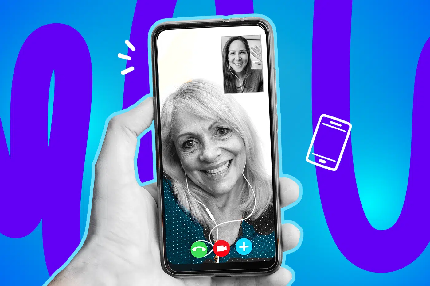 Humorvolle Collage zum Thema Videoanrufe: Eine Hand in Schwarz-Weiß hält ein Smartphone, auf dessen Bildschirm ein laufender Videocall zu sehen ist. Groß im Bild lächelt eine ältere Frau in Schwarz-Weiß mit Headset-Kabeln, die ein petrolfarbenes Oberteil mit weißen Punkten trägt. Im kleinen Fenster oben rechts winkt eine jüngere Frau fröhlich in die Kamera. Leuchtend bunte Anruf-Buttons (grün, rot, hellblau) am unteren Bildschirmrand, ein schwebendes weißes Smartphone-Icon und das Pop-Art-Motiv vor einem blau-violetten Wellen-Hintergrund visualisieren humorvoll die digitale Kommunikation zwischen den Generationen.