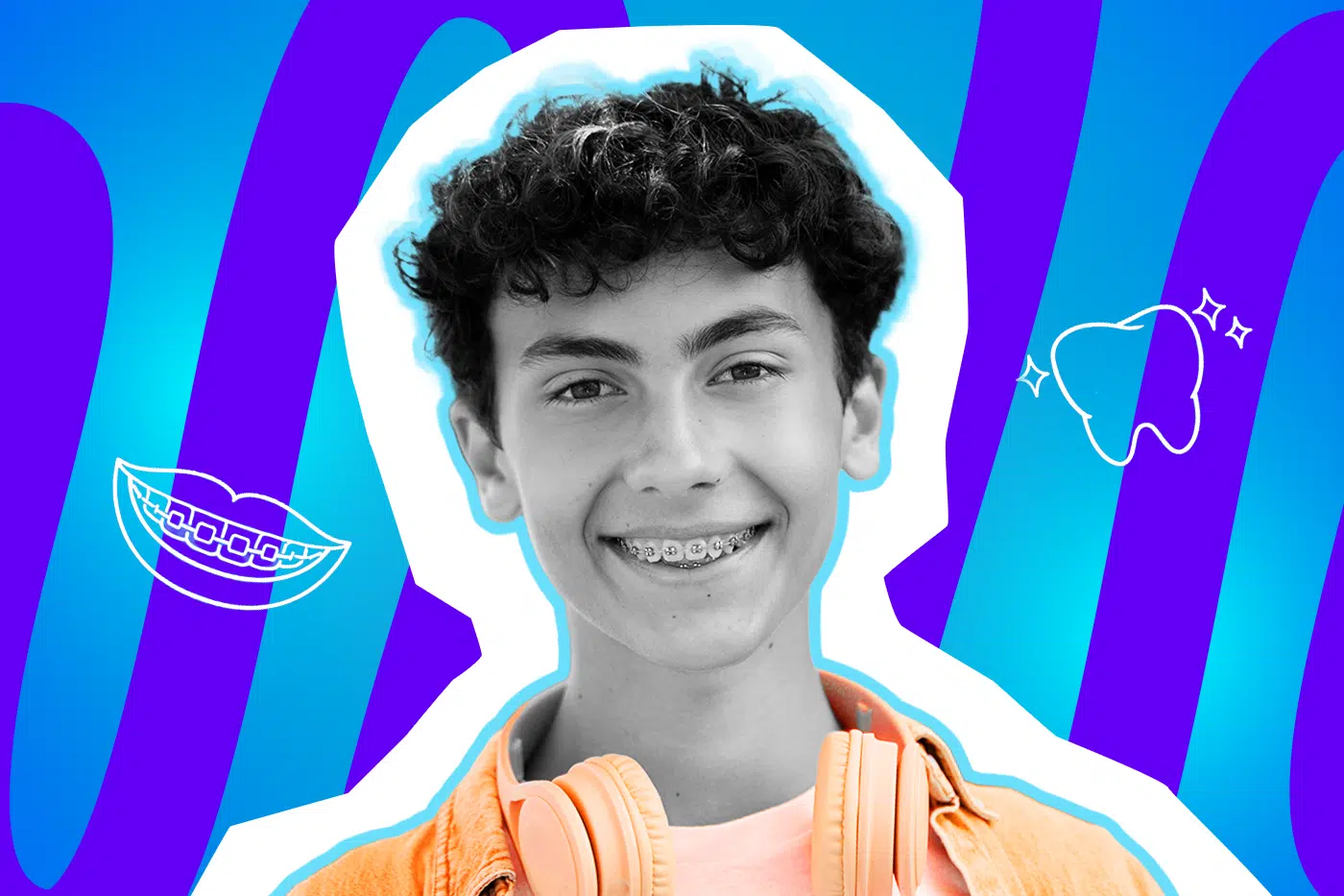 Moderne Grafik, die den Übergangsritus der Zahnspange in der Jugend darstellt. Ein fröhlicher Junge mit Metall-Zahnspange und orangefarbenen Kopfhörern vor Pop-Art-Hintergrund. Ideal für Blogbeiträge über Kieferorthopädie, Zahnspangen, Jugenderinnerungen, Nostalgie und humorvolle Geschichten.