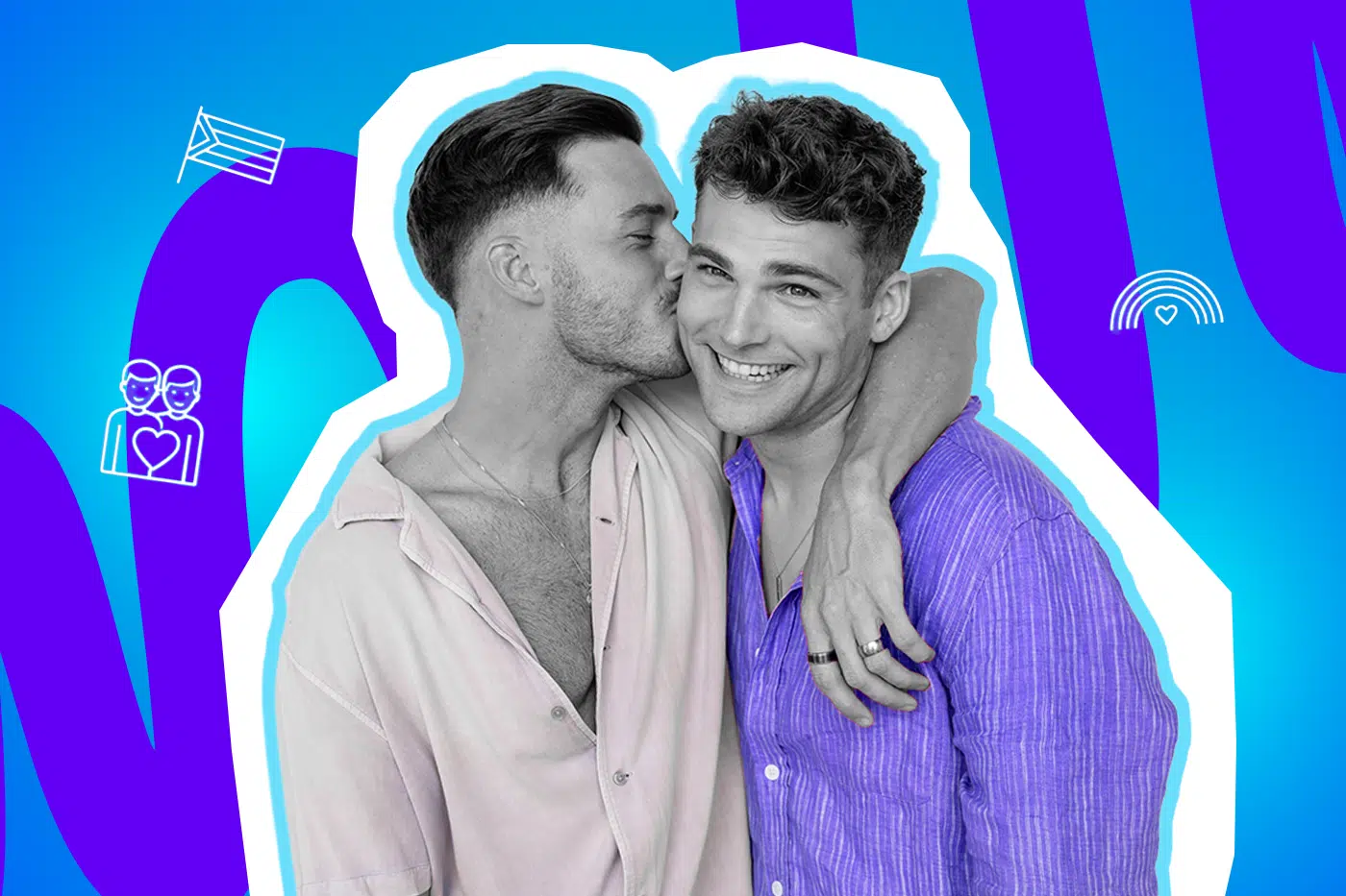 Zwei junge Männer im Pop-Art-Stil zeigen ihre Zuneigung: Einer gibt dem anderen einen liebevollen Kuss auf die Wange. Die Illustration symbolisiert das Outing, Stolz auf die eigene Sexualität und das Glück einer ehrlichen Partnerschaft.