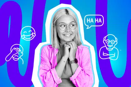 Moderne Grafik einer jungen Frau, die sichtlich Spaß an ihrem neu entdeckten Boomer-Slang hat. Die Illustration passt perfekt zu humorvollen Alltagsgeschichten über den Generationenwechsel. Ideal für Blogbeiträge über typisch deutsche Sprüche, den „inneren Alman“ und Fremdscham-Momente.