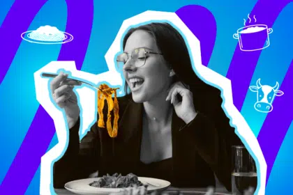 Nachdenkliche junge Frau mit Brille genießt eine Portion Pasta. Die Pop-Art-Illustration symbolisiert den Moment der Ruhe und Reflexion über eigene Erziehungsmuster und Familiendynamiken.
