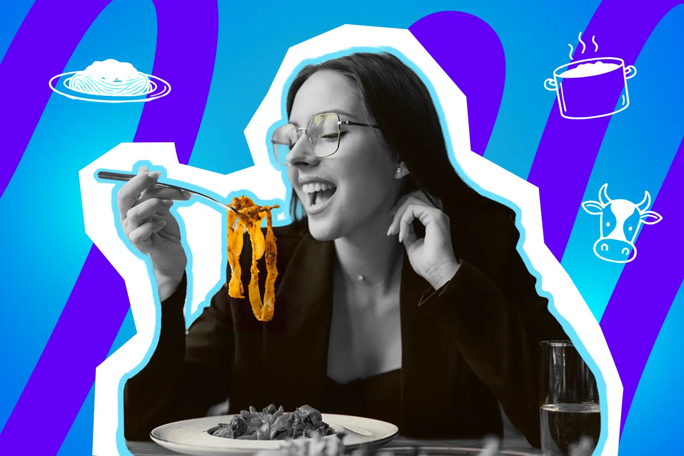 Nachdenkliche junge Frau mit Brille genießt eine Portion Pasta. Die Pop-Art-Illustration symbolisiert den Moment der Ruhe und Reflexion über eigene Erziehungsmuster und Familiendynamiken.