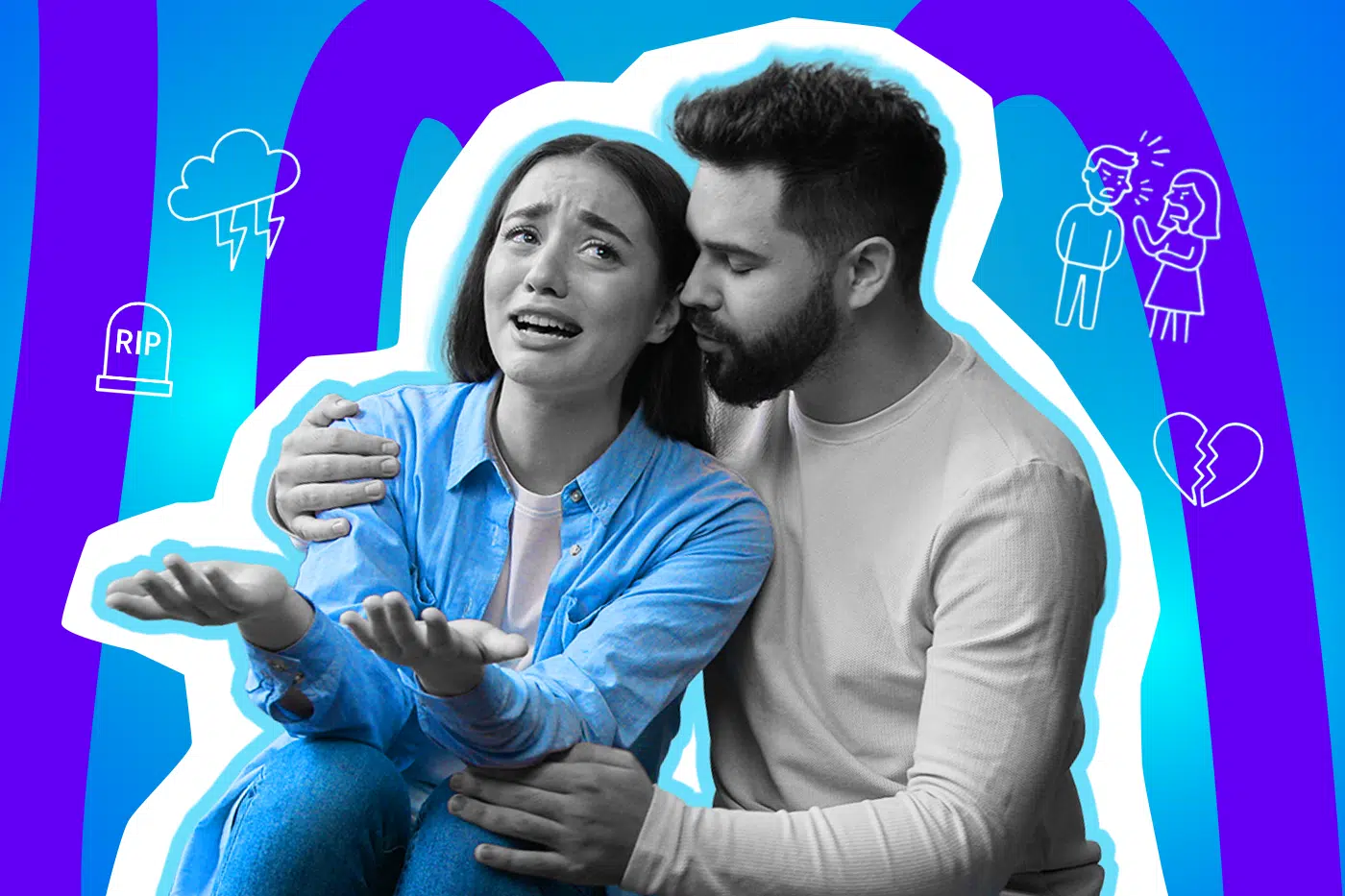 Ein Mann hält eine sichtlich weinende Frau tröstend im Arm. Die Pop-Art-Illustration symbolisiert echte Empathie, menschliche Nähe und das Da-Sein in Momenten von Trauer und Verlust, wenn Worte allein nicht ausreichen.Ideal für Blogbeiträge über Psychologie, Verlust und wahre Freundschaft oder Partnerschaft.