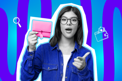 Moderne Grafik einer jungen Frau, die einen gefundenen Geldbeutel präsentiert. Inklusive minimalistischer Symbole für die Suche nach Wertsachen. Ideal für Blogbeiträge über Alltagshacks, ehrliche Finder und kuriose Verlust-Geschichten.