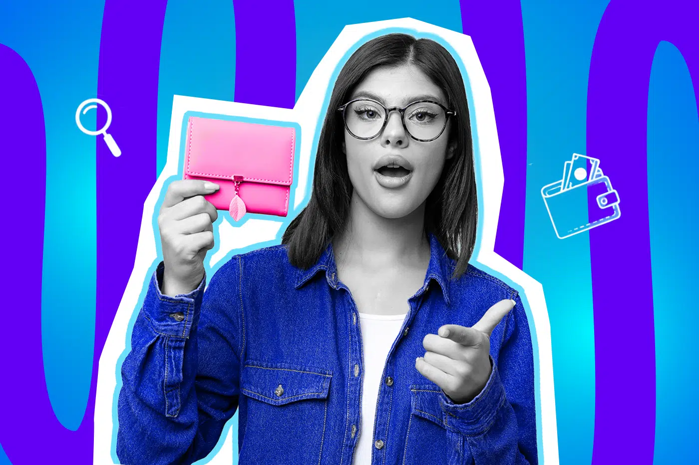 Moderne Grafik einer jungen Frau, die einen gefundenen Geldbeutel präsentiert. Inklusive minimalistischer Symbole für die Suche nach Wertsachen. Ideal für Blogbeiträge über Alltagshacks, ehrliche Finder und kuriose Verlust-Geschichten.