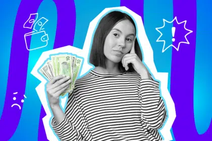 Nachdenkliche Frau im Pop-Art-Stil, die einen Fächer aus Geldscheinen in der Hand hält und skeptisch blickt. Die Illustration symbolisiert das Dilemma und das Misstrauen beim Thema Geldverleihen unter Freunden.