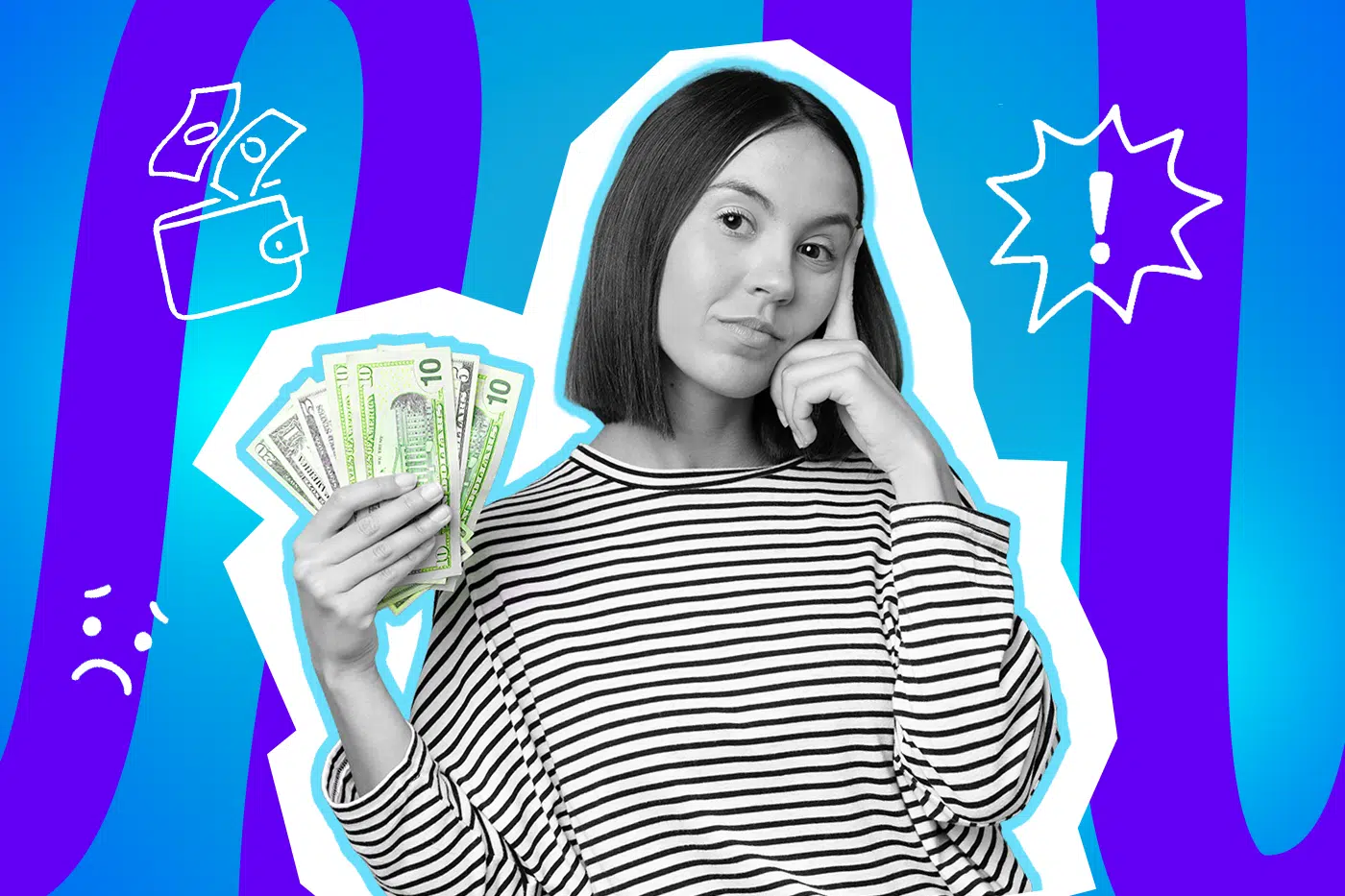 Nachdenkliche Frau im Pop-Art-Stil, die einen Fächer aus Geldscheinen in der Hand hält und skeptisch blickt. Die Illustration symbolisiert das Dilemma und das Misstrauen beim Thema Geldverleihen unter Freunden.