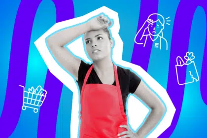 Erschöpfte Supermarkt-Mitarbeiterin in roter Schürze, die sich gestresst die Hand an die Stirn hält. Die Pop-Art-Illustration symbolisiert die psychische Belastung und den fehlenden Respekt im Einzelhandel.