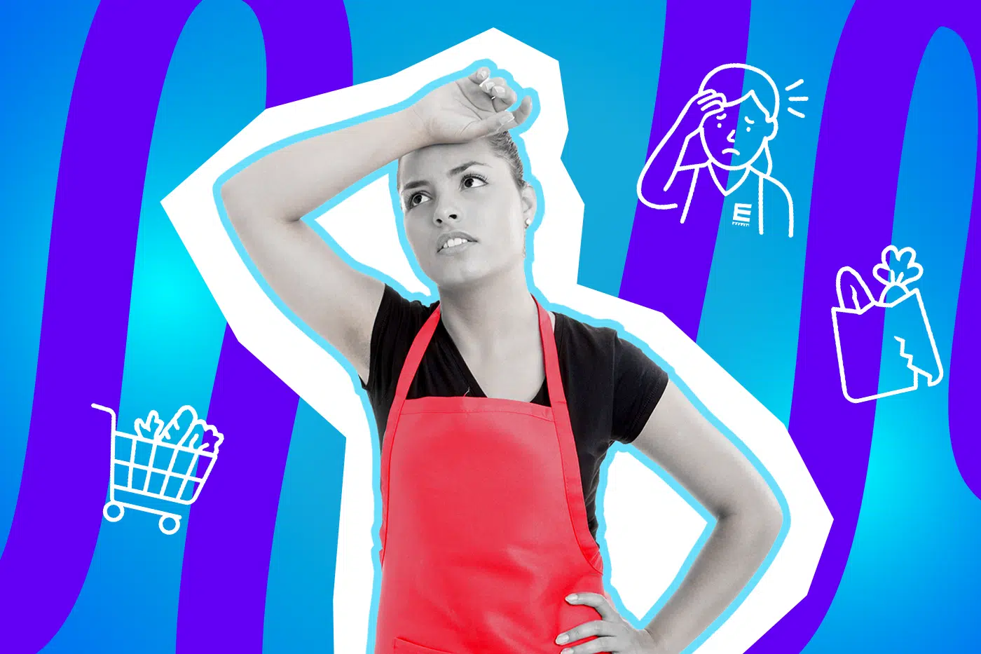 Erschöpfte Supermarkt-Mitarbeiterin in roter Schürze, die sich gestresst die Hand an die Stirn hält. Die Pop-Art-Illustration symbolisiert die psychische Belastung und den fehlenden Respekt im Einzelhandel.