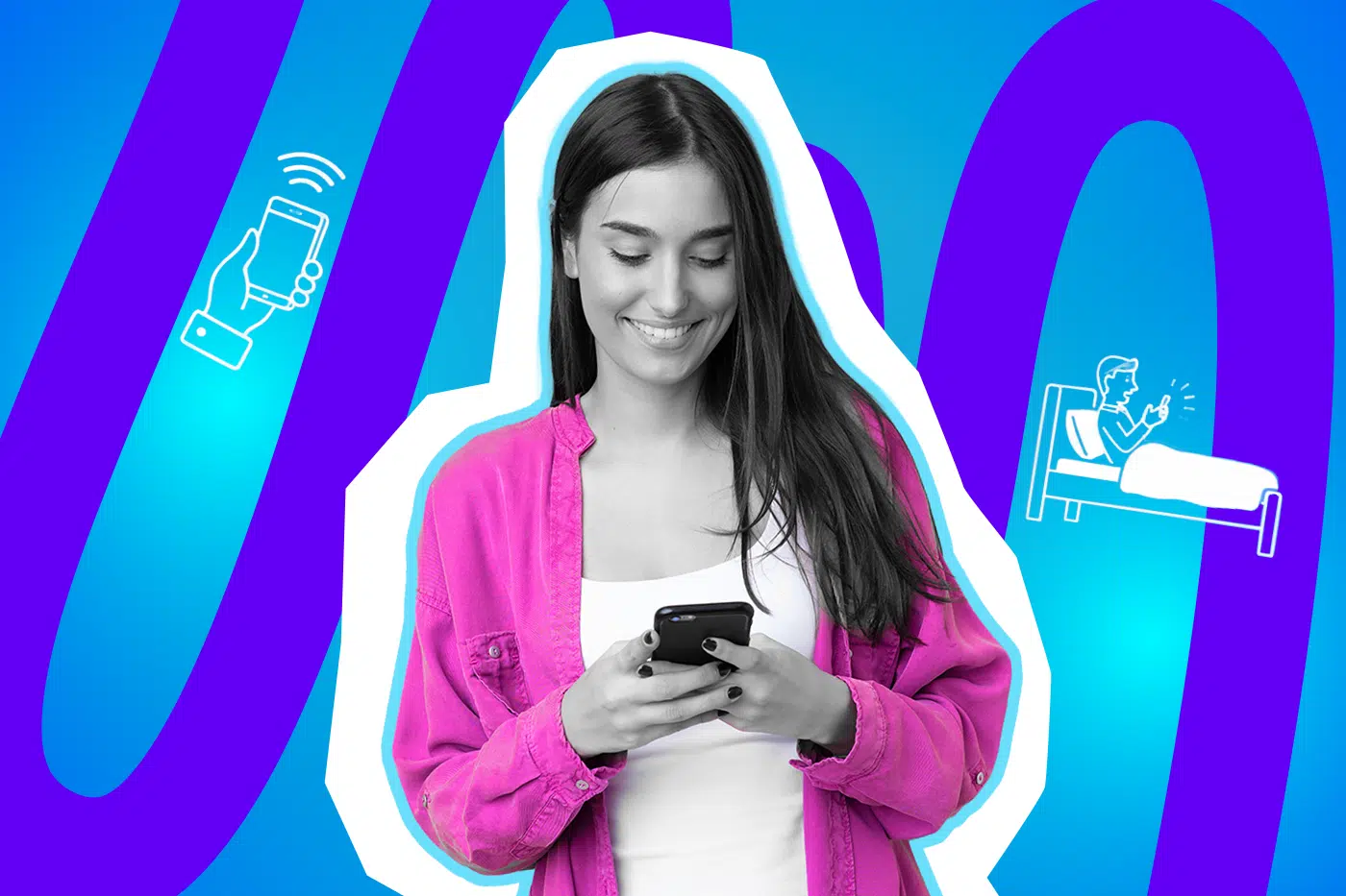 Lächelnde junge Frau im pinken Hemd, die konzentriert auf ihr Smartphone blickt. Die Pop-Art-Illustration symbolisiert das Handy als multifunktionales Alltagsgerät, das Kalender, Kamera und Geldbeutel ersetzt.