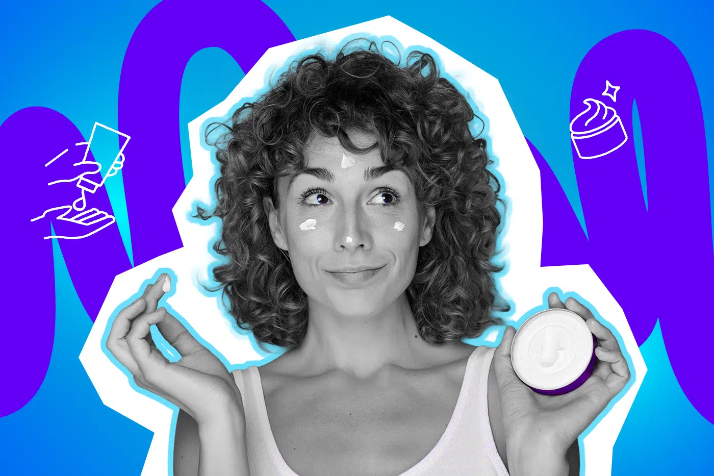 Zufrieden lächelnde Frau mit Locken, die sich Creme ins Gesicht getupft hat und einen Tiegel in der Hand hält. Die Pop-Art-Illustration fängt den Moment der täglichen Hautpflege-Routine humorvoll ein.