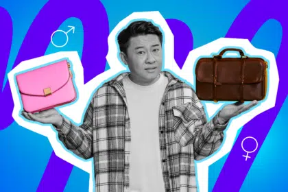 Ein nachdenklicher Mann im karierten Hemd hält eine knallpinke Handtasche und eine klassische braune Aktentasche in den Händen.Die Illustration spielt mit der Absurdität von „männlich genug“-Diskussionen. Ideal für Blogbeiträge über Dating-Erfahrungen, Social-Media-Trends und die Definition von Vorbildern.