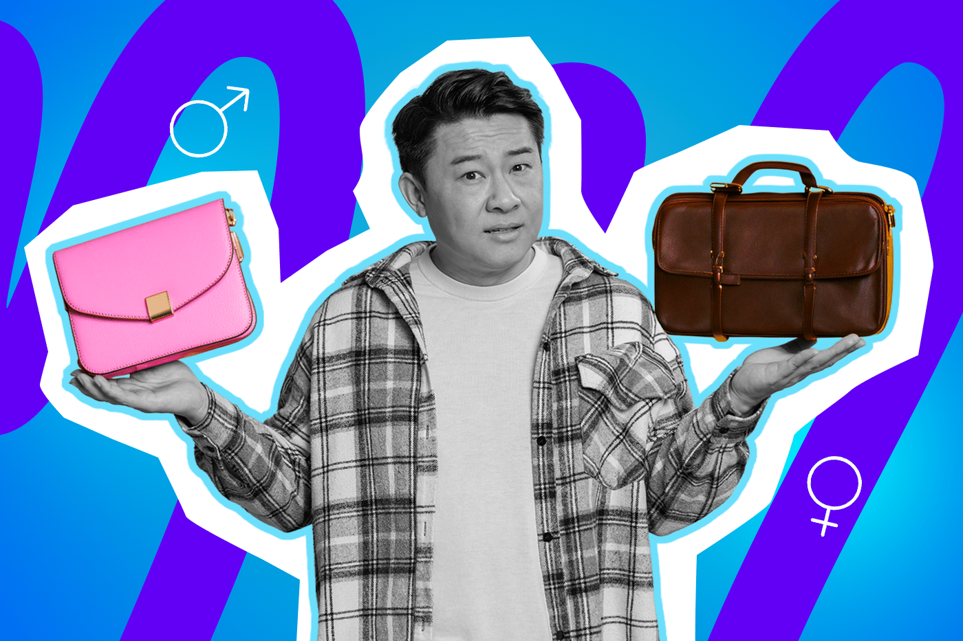 Ein nachdenklicher Mann im karierten Hemd hält eine knallpinke Handtasche und eine klassische braune Aktentasche in den Händen.Die Illustration spielt mit der Absurdität von „männlich genug“-Diskussionen. Ideal für Blogbeiträge über Dating-Erfahrungen, Social-Media-Trends und die Definition von Vorbildern.