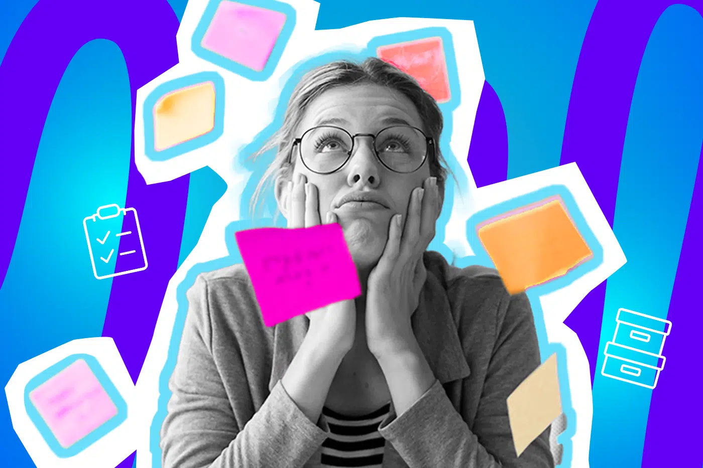 Eine junge Frau mit Brille blickt nachdenklich nach oben, während sie von zahlreichen bunten Post-its umgeben ist. Die Pop-Art-Illustration symbolisiert den Mental Load, das Zeitmanagement und die Herausforderung, sich im Alltag perfekt zu organisieren.