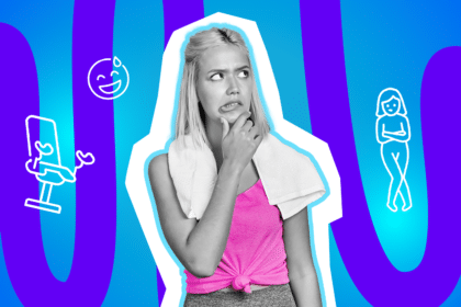 Moderne Grafik einer Frau, die sichtlich überlegt, was sie als Nächstes tun soll (oder was sie gerade falsch gemacht hat). Die Illustration passt perfekt zur Unsicherheit vor der gynäkologischen Untersuchung. Ideal für Blogbeiträge über Aufklärung, lustige Frauenarzt-Fails und Gesundheitsthemen.