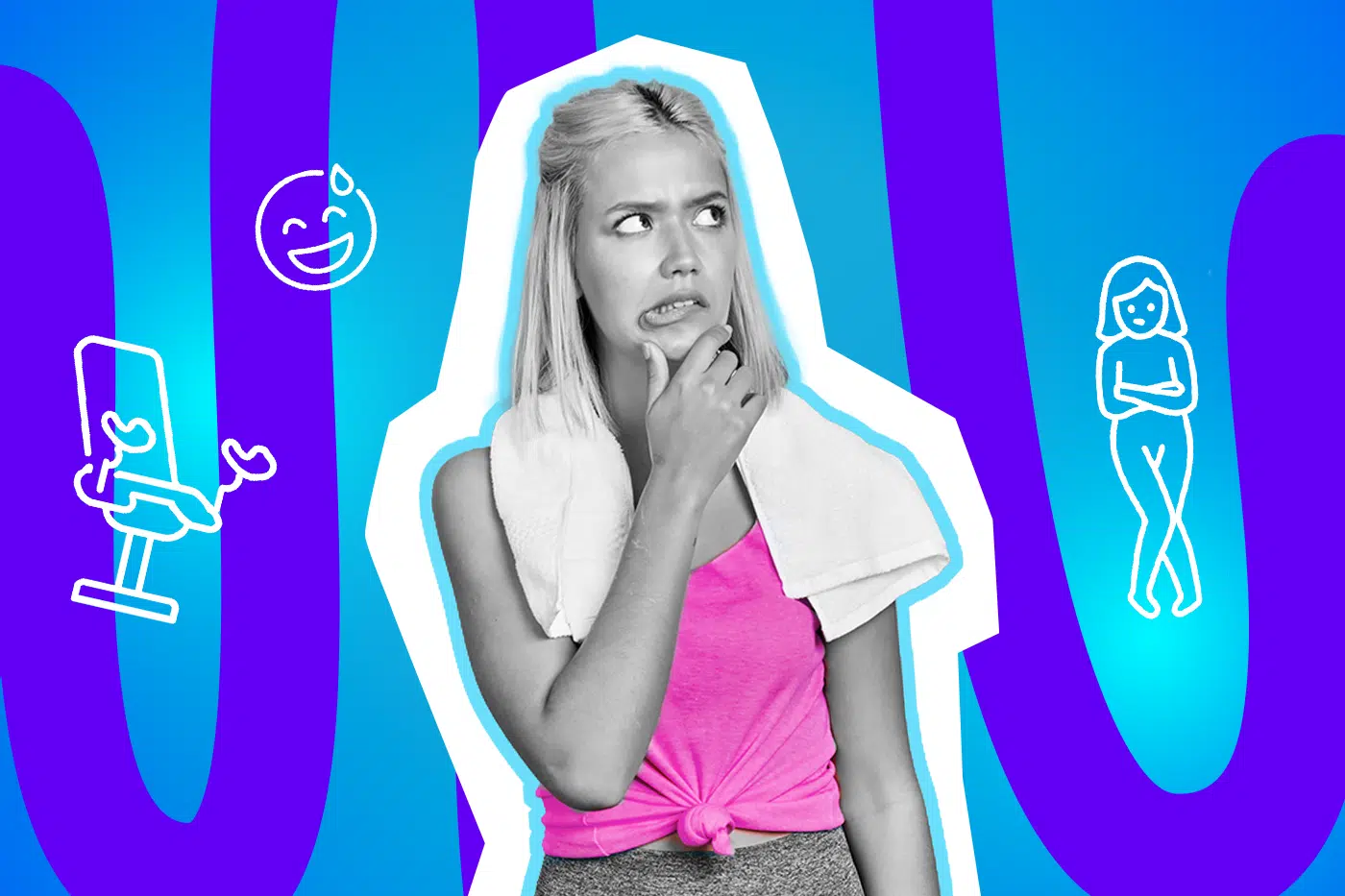 Moderne Grafik einer Frau, die sichtlich überlegt, was sie als Nächstes tun soll (oder was sie gerade falsch gemacht hat). Die Illustration passt perfekt zur Unsicherheit vor der gynäkologischen Untersuchung. Ideal für Blogbeiträge über Aufklärung, lustige Frauenarzt-Fails und Gesundheitsthemen.