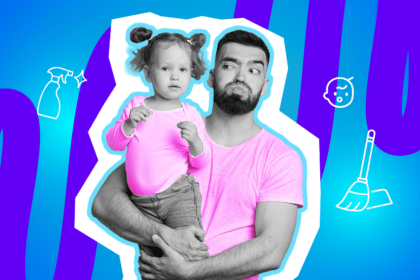 Überforderter Vater im Pop-Art-Stil, der ein kleines Kind auf dem Arm hält und skeptisch blickt. Die Illustration thematisiert den modernen Druck zwischen Kindererziehung, Haushalt und den hohen Erwartungen älterer Generationen.