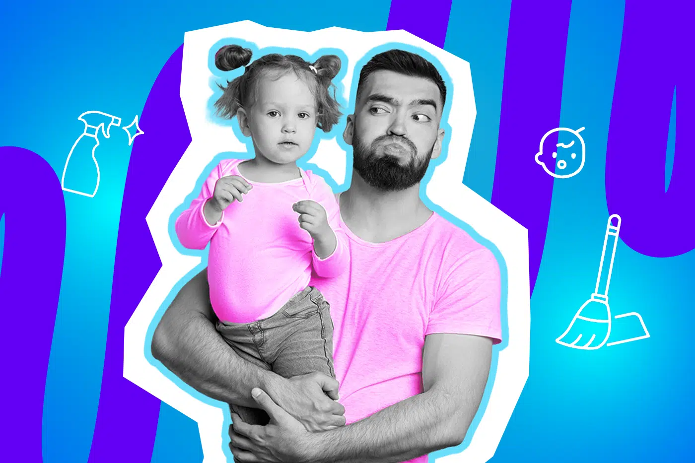 Überforderter Vater im Pop-Art-Stil, der ein kleines Kind auf dem Arm hält und skeptisch blickt. Die Illustration thematisiert den modernen Druck zwischen Kindererziehung, Haushalt und den hohen Erwartungen älterer Generationen.