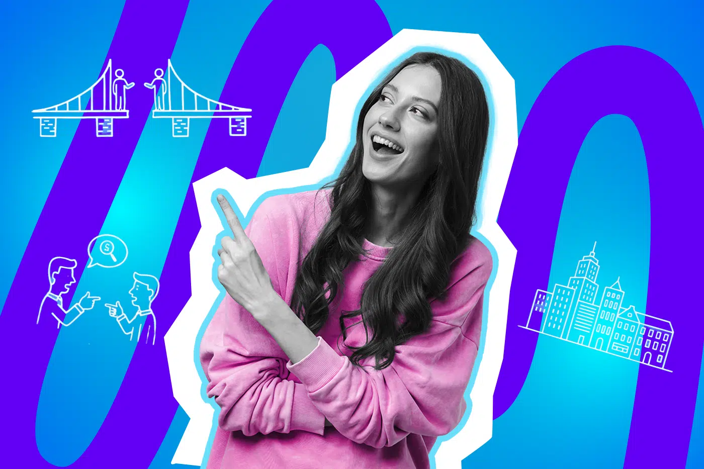 Kreative Bildcollage einer Frau in Schwarz-Weiß-Optik vor einem blau-lila Hintergrund. Umrahmt von Icons wie einer Brücke, einer Stadt-Silhouette und zwei diskutierenden Personen, die humorvoll das Thema Lokalpatriotismus und Herkunft illustrieren.