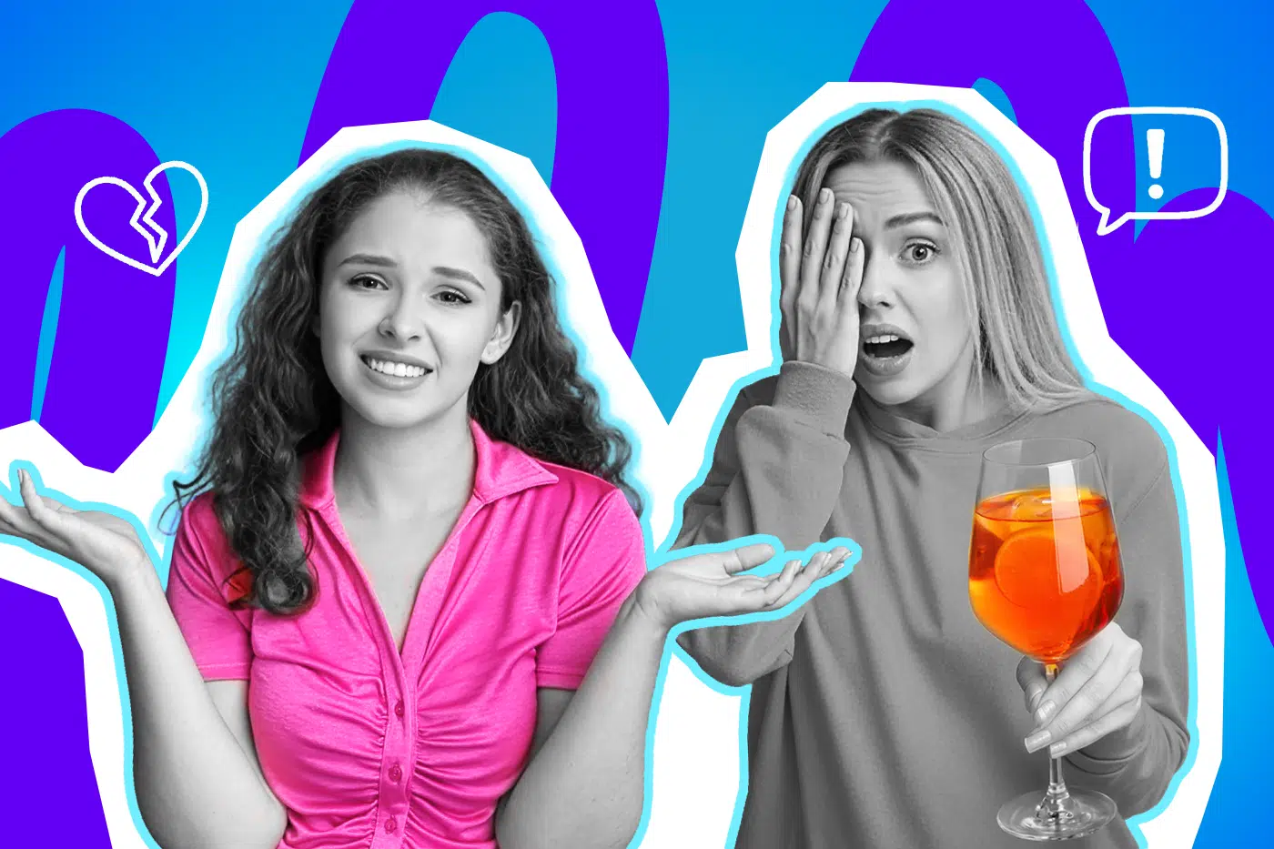 Moderne Grafik, die die sichtbare Entfremdung zwischen zwei Freundinnen darstellt. Der im Fokus stehende Cocktail greift das Thema "Ausschluss durch Nicht-Trinken" ironisch auf. Ideal für Blogbeiträge über toxische Gruppendynamiken, das Setzen persönlicher Grenzen und den schmerzhaften Wandel im Freundeskreis.