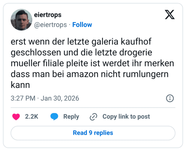 erst wenn der letzte galeria kaufhof geschlossen und die letzte drogerie mueller filiale pleite ist werdet ihr merken dass man bei amazon nicht rumlungern kann