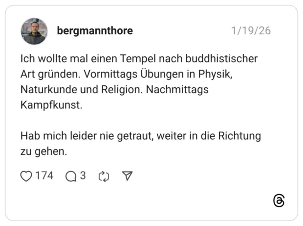 Ich wollte mal einen Tempel nach buddhistischer Art gründen. Vormittags Übungen in Physik, Naturkunde und Religion. Nachmittags Kampfkunst. Hab mich leider nie getraut, weiter in die Richtung zu gehen.