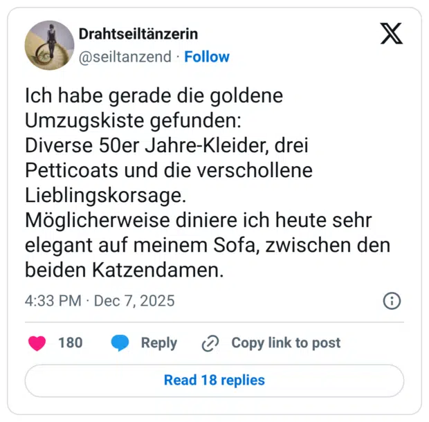 Ich habe gerade die goldene Umzugskiste gefunden: Diverse 50er Jahre-Kleider, drei Petticoats und die verschollene Lieblingskorsage. Möglicherweise diniere ich heute sehr elegant auf meinem Sofa, zwischen den beiden Katzendamen.