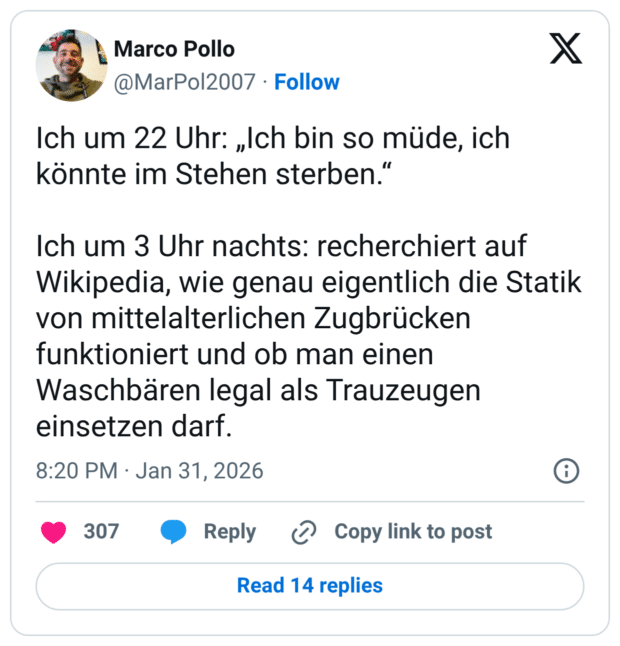 Ich um 22 Uhr: „Ich bin so müde, ich könnte im Stehen sterben.“ Ich um 3 Uhr nachts: recherchiert auf Wikipedia, wie genau eigentlich die Statik von mittelalterlichen Zugbrücken funktioniert und ob man einen Waschbären legal als Trauzeugen einsetzen darf.