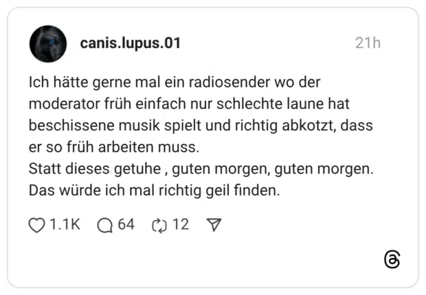 Ich hätte gerne mal ein radiosender wo der moderator früh einfach nur schlechte laune hat beschissene musik spielt und richtig abkotzt, dass er so früh arbeiten muss. Statt dieses getuhe , guten morgen, guten morgen. Das würde ich mal richtig geil finden.