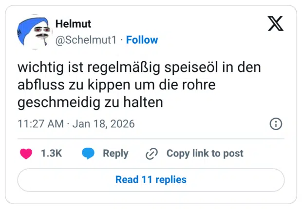 wichtig ist regelmäßig speiseöl in den abfluss zu kippen um die rohre geschmeidig zu halten