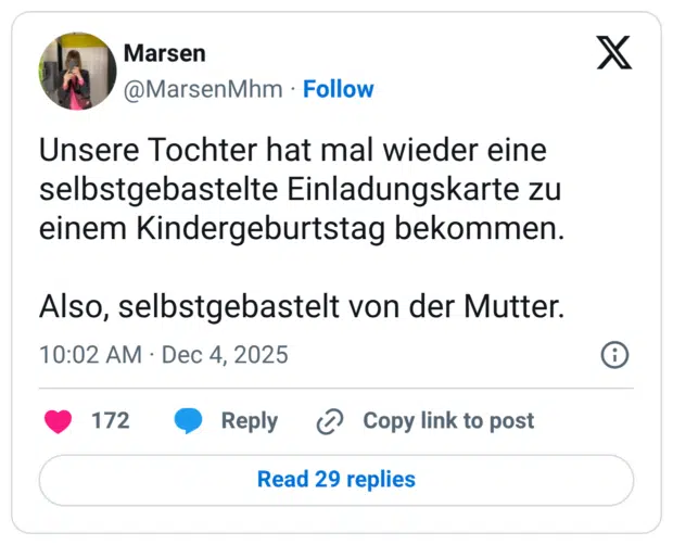 Unsere Tochter hat mal wieder eine selbstgebastelte Einladungskarte zu einem Kindergeburtstag bekommen. Also, selbstgebastelt von der Mutter.