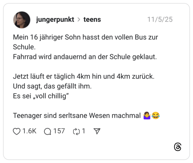 Mein 16 jähriger Sohn hasst den vollen Bus zur Schule. Fahrrad wird andauernd an der Schule geklaut. Jetzt läuft er täglich 4km hin und 4km zurück. Und sagt, das gefällt ihm. Es sei „voll chillig“ Teenager sind serltsane Wesen machmal
