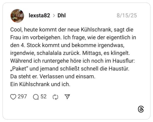 Cool, heute kommt der neue Kühlschrank, sagt die Frau im vorbeigehen. Ich frage, wie der eigentlich in den 4. Stock kommt und bekomme irgendwas, irgendwie, schalalala zurück. Mittags, es klingelt. Während ich runtergehe höre ich noch im Hausflur: „Paket“ und jemand schließt schnell die Haustür. Da steht er. Verlassen und einsam. Ein Kühlschrank und ich.