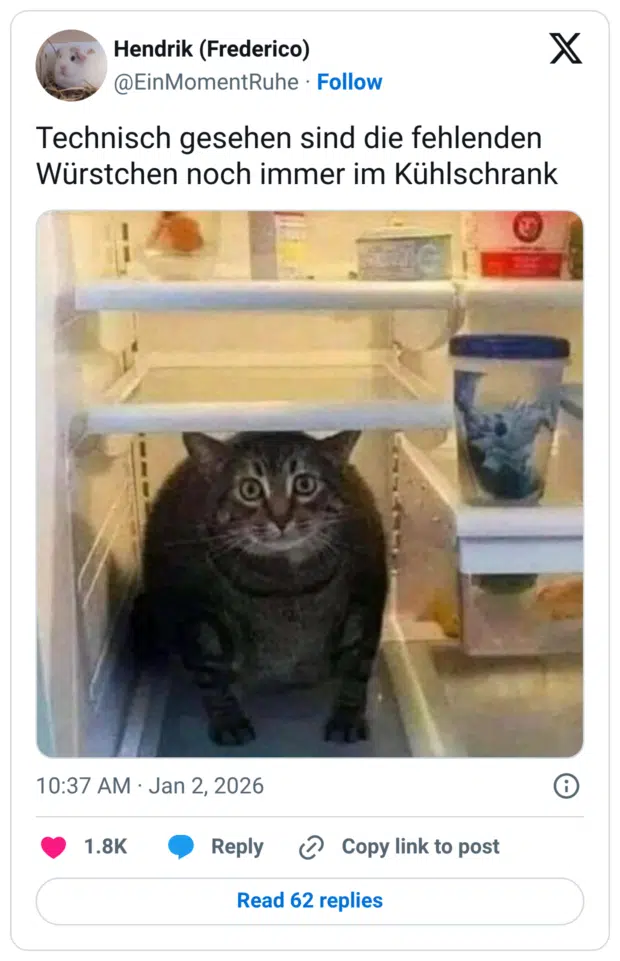 Technisch gesehen sind die fehlenden Würstchen noch immer im Kühlschrank