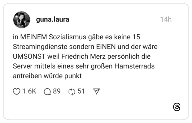 n MEINEM Sozialismus gäbe es keine 15 Streamingdienste sondern EINEN und der wäre UMSONST weil Friedrich Merz persönlich die Server mittels eines sehr großen Hamsterrads antreiben würde punkt